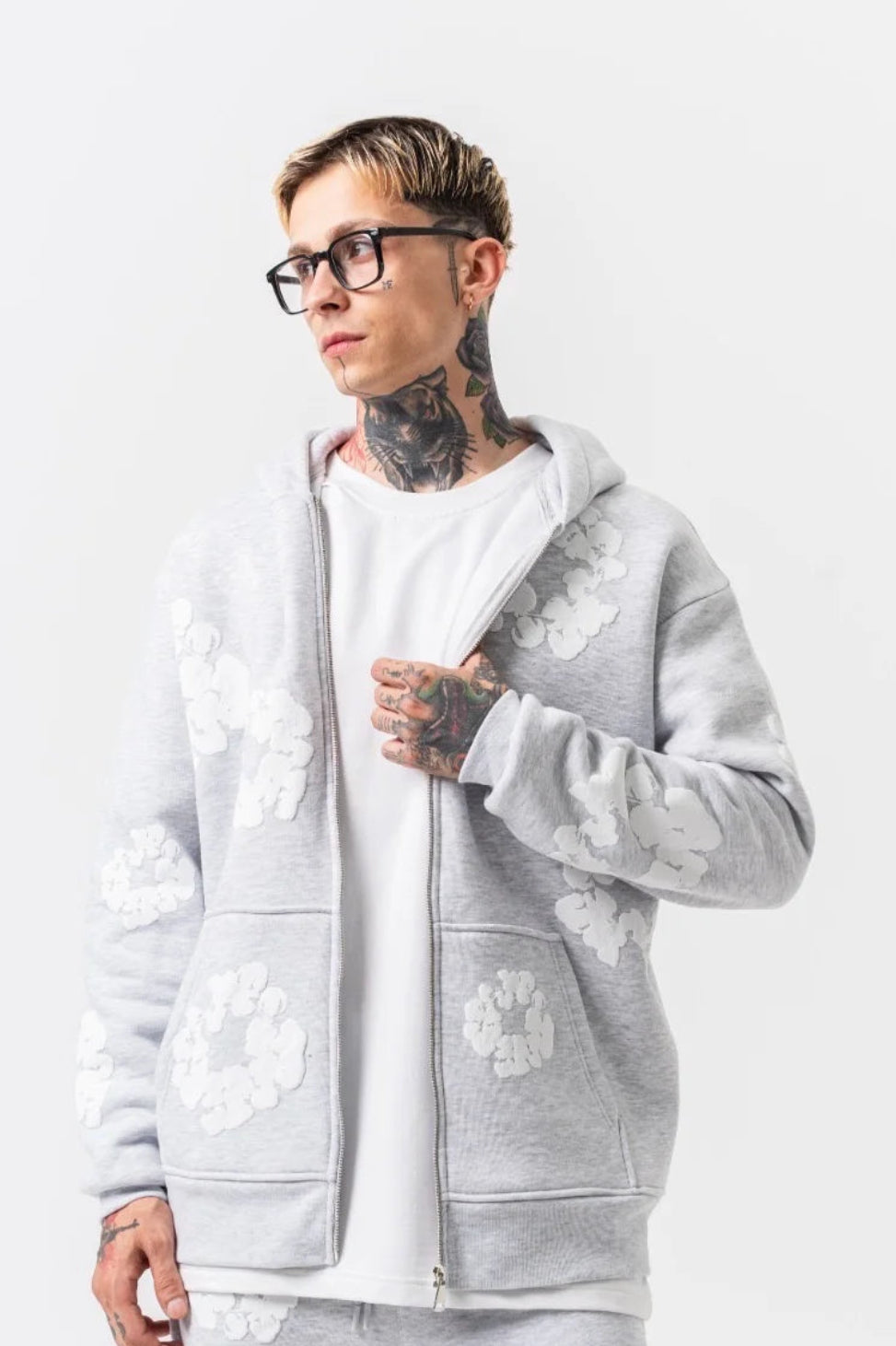 Veste jogging à capuche FLEURS Gris / Blanc | Lyon