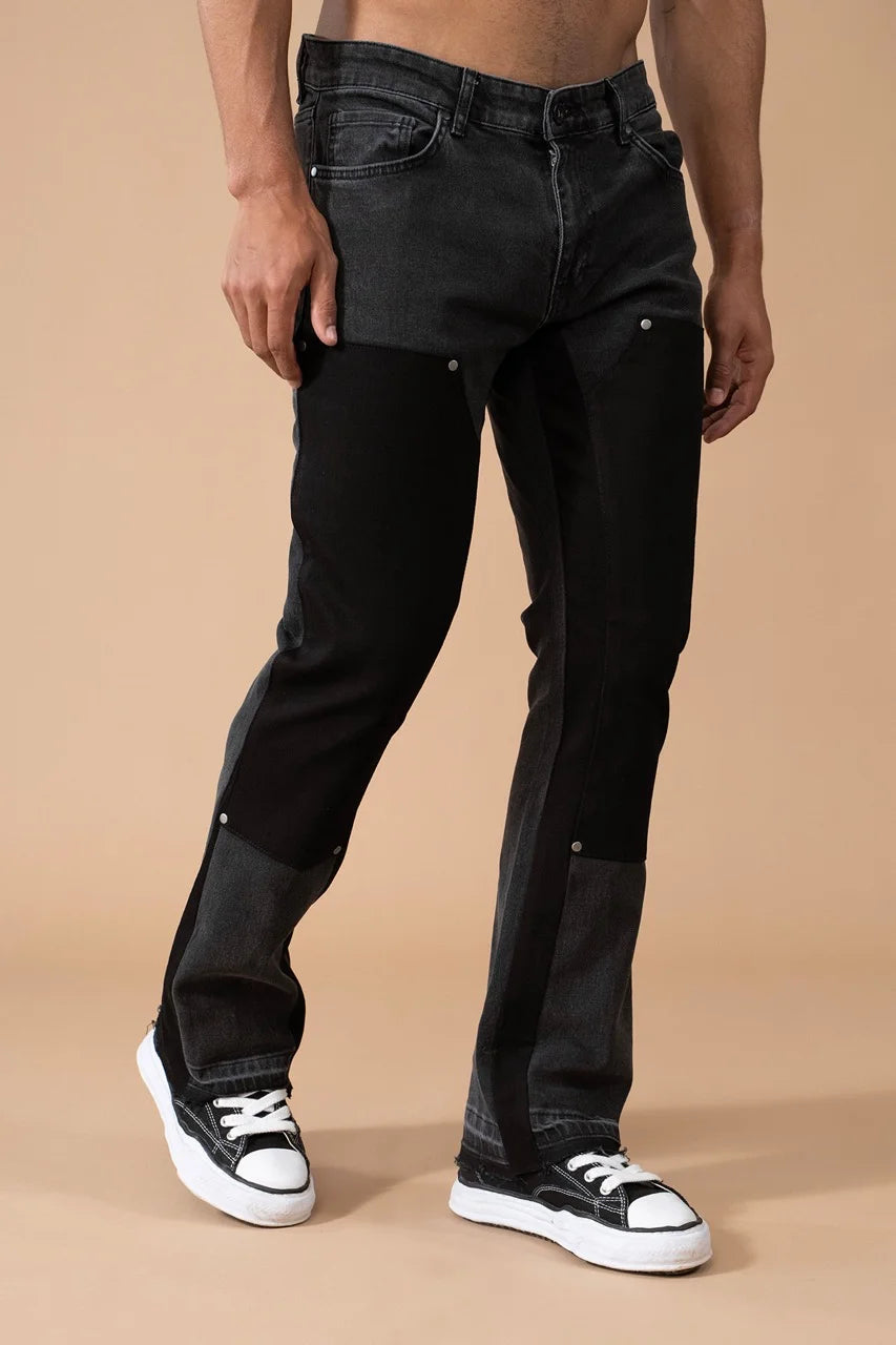 Pantalon Jean double knee évasé (Flare) noir | Lyon