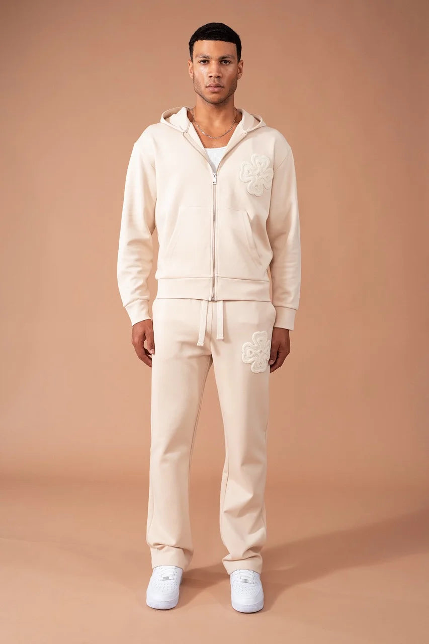Ensemble léger trèfle a 4 feuilles veste à capuche et pantalon coupe droite beige | Lyon