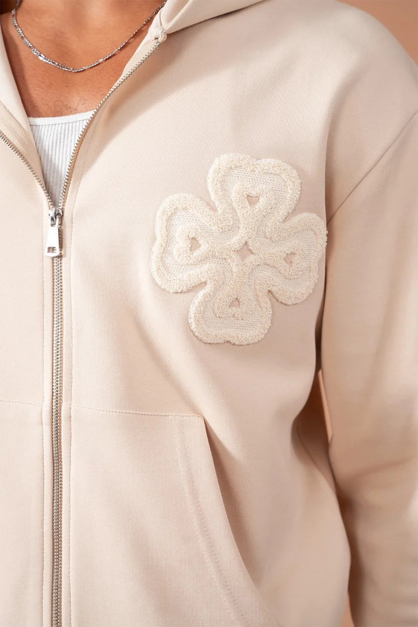Ensemble léger trèfle a 4 feuilles veste à capuche et pantalon coupe droite beige | Lyon