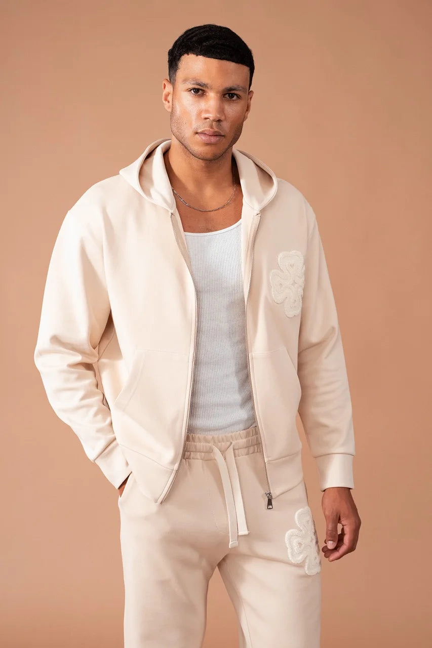 Ensemble léger trèfle a 4 feuilles veste à capuche et pantalon coupe droite beige | Lyon