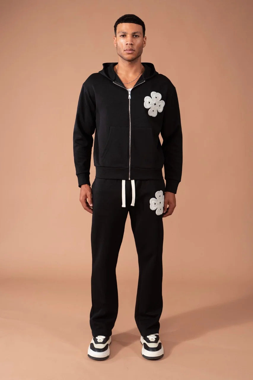 Ensemble léger trèfle a 4 feuilles veste à capuche et pantalon coupe droite noir | Lyon