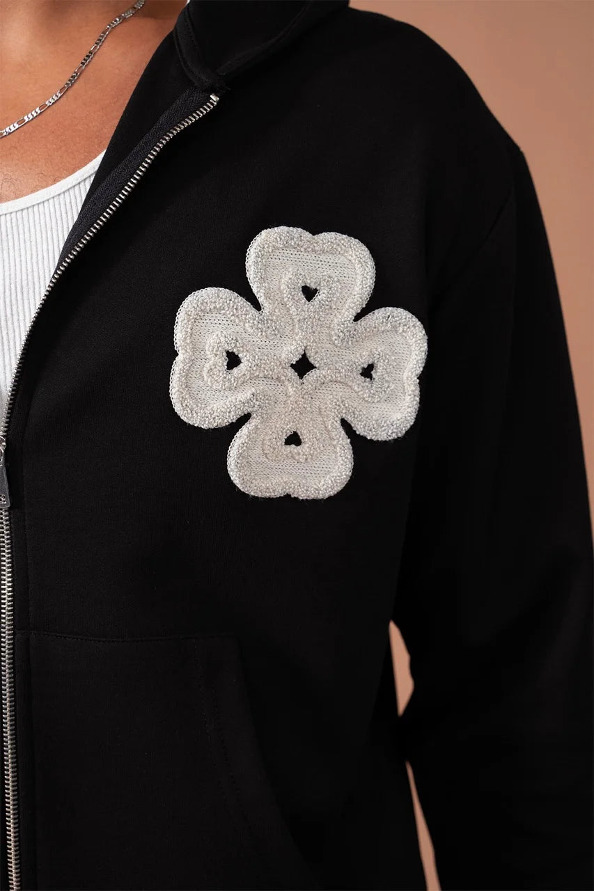 Ensemble léger trèfle a 4 feuilles veste à capuche et pantalon coupe droite noir | Lyon