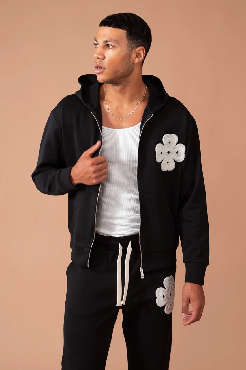 Ensemble léger trèfle a 4 feuilles veste à capuche et pantalon coupe droite noir | Lyon
