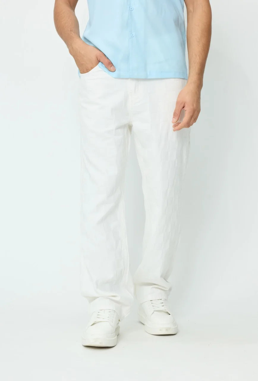 Pantalon jean coupe droite basique blanc cassé motif carreaux  | Lyon