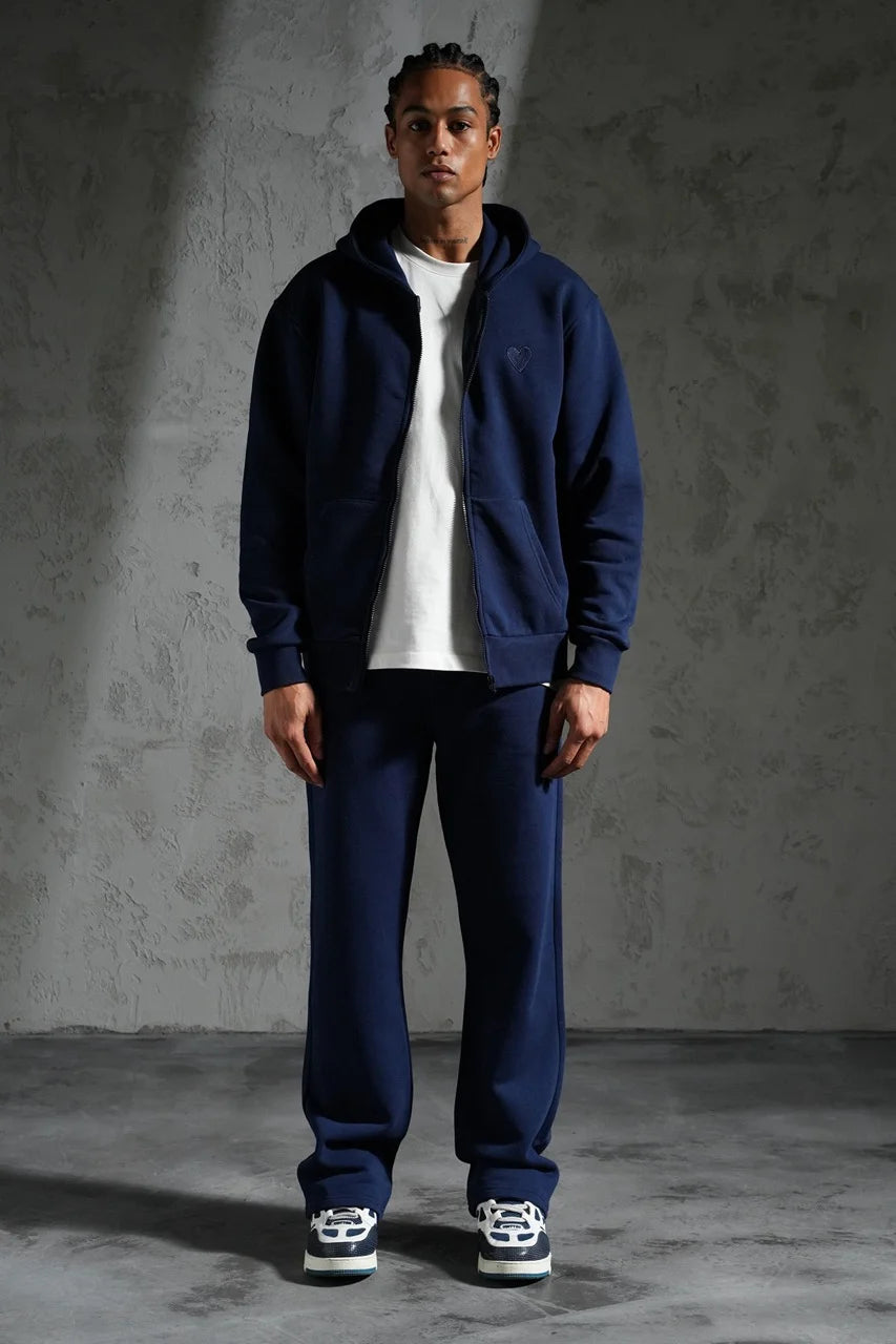 Ensemble veste capuche coeur brodé et pantalon coupe droite Bleu marine | Lyon