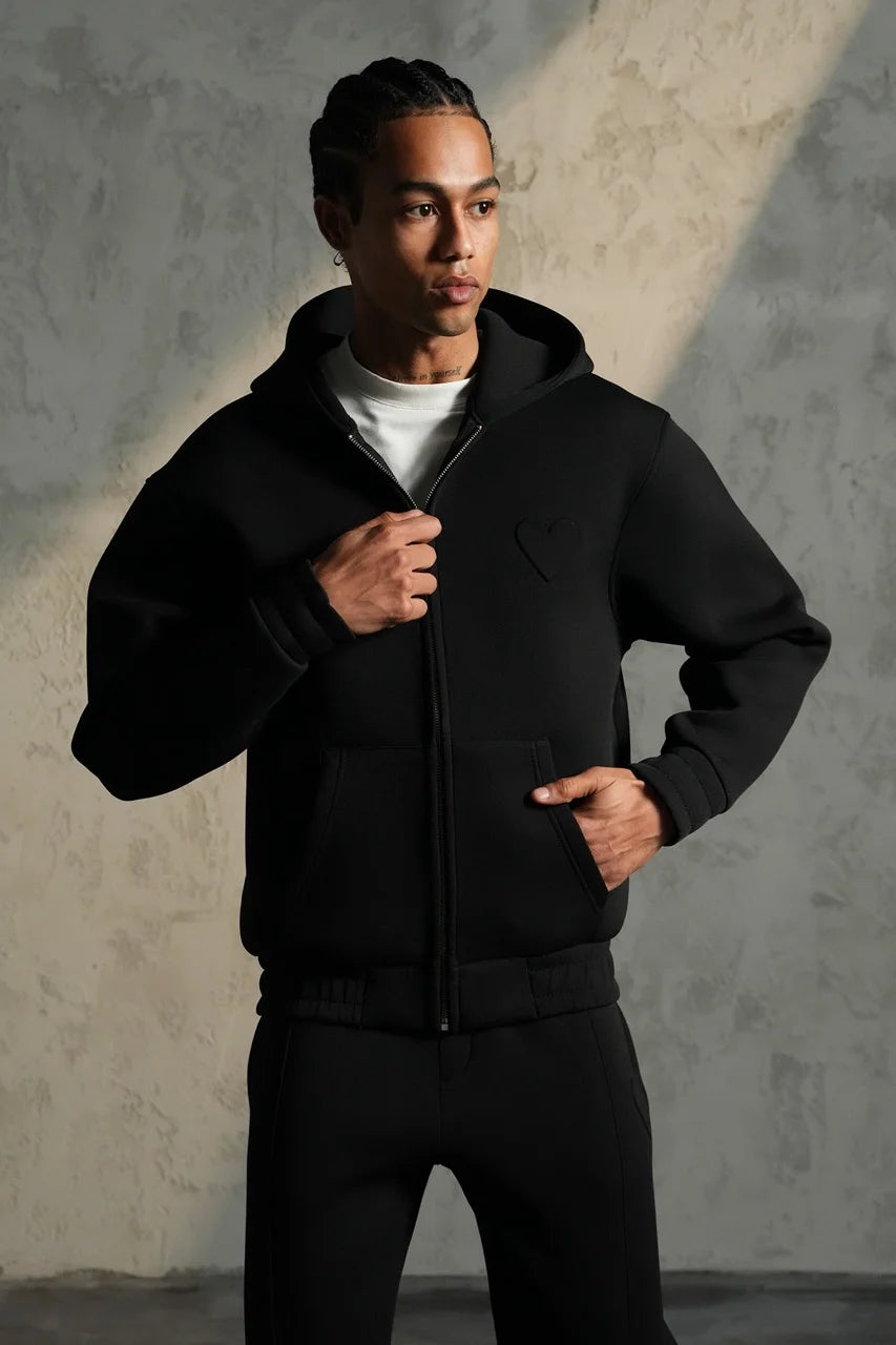 Ensemble basique aspect neoprene de couleur noir pantalon coupe droite et veste sans capuche| Lyon