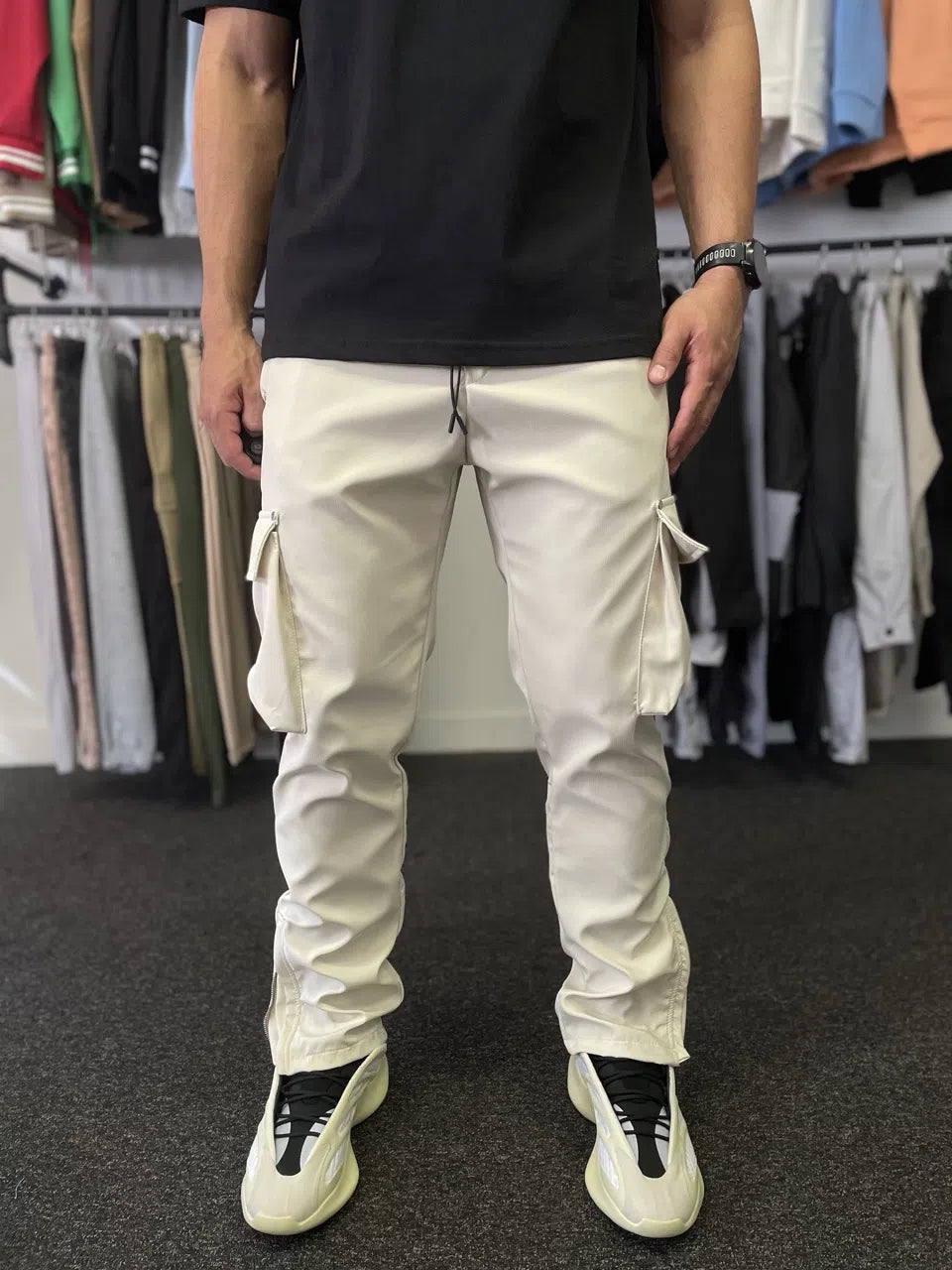 Pantalon cargo fermeture zip Beige