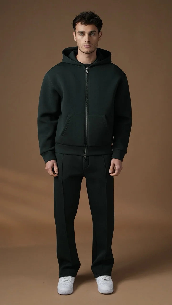 Ensemble basique aspect néoprene de couleur Vert bouteille pantalon coupe droite et veste | Lyon