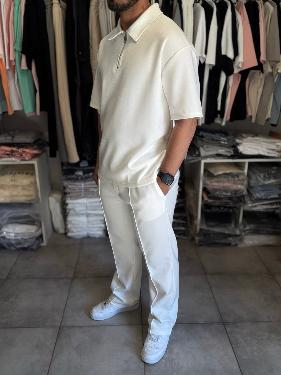 Ensemble oversize Polo demi-manche zippé Pantalon coupe droite blanc YOTA | Lyon