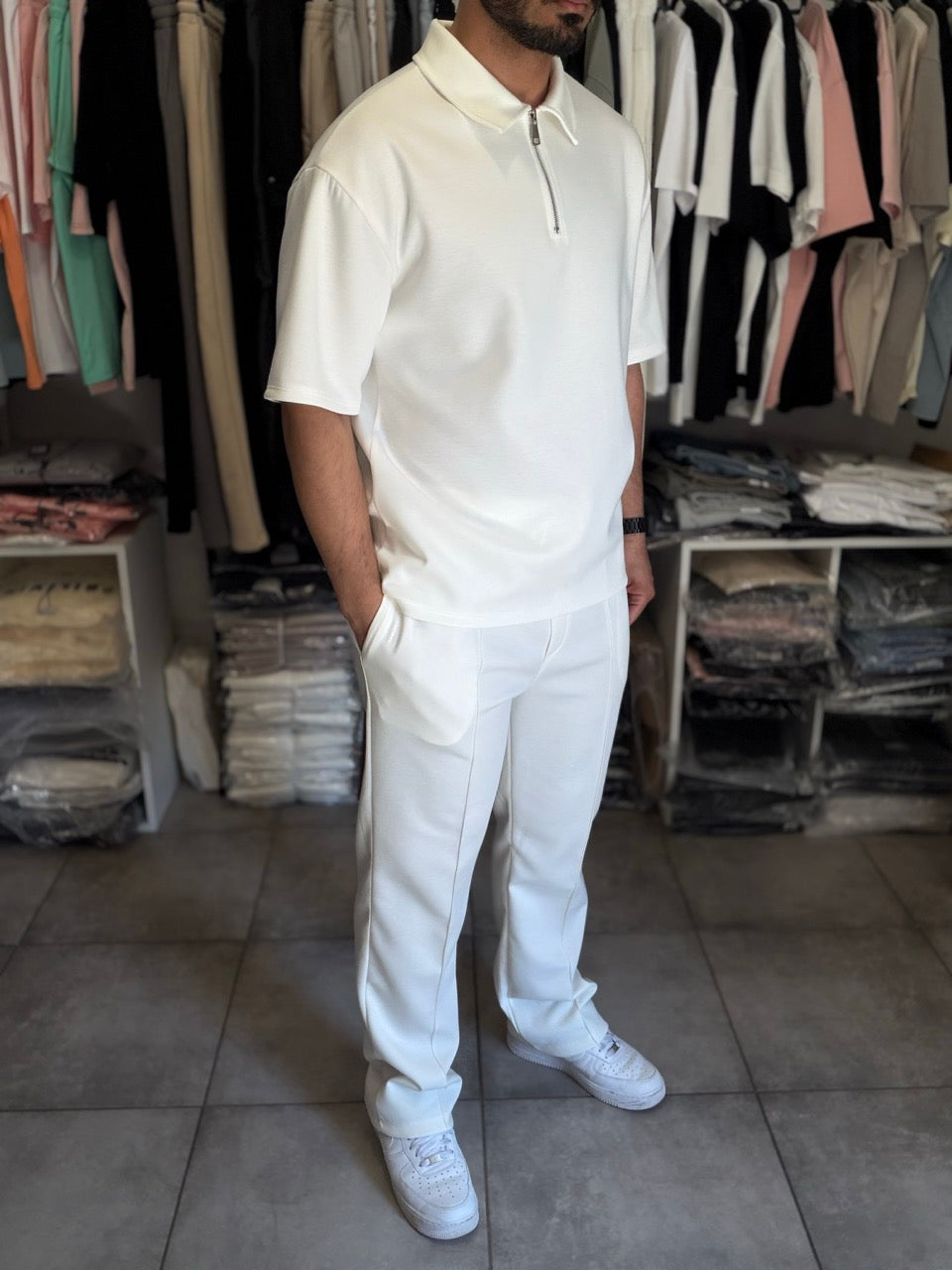 Ensemble oversize Polo demi-manche zippé Pantalon coupe droite blanc YOTA | Lyon