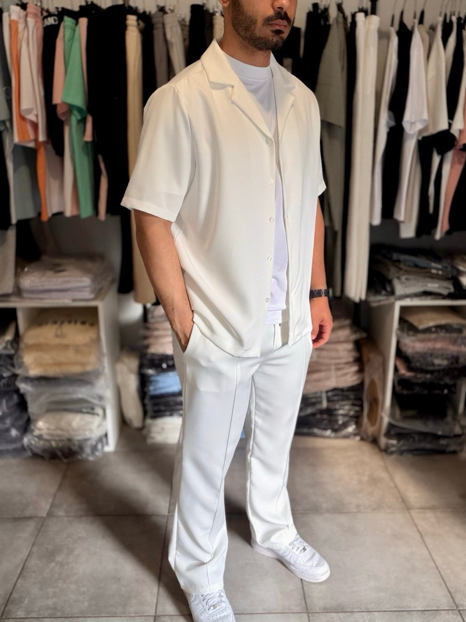 Ensemble chemise demi-manche Pantalon coupe droite blanc YOTA | Lyon