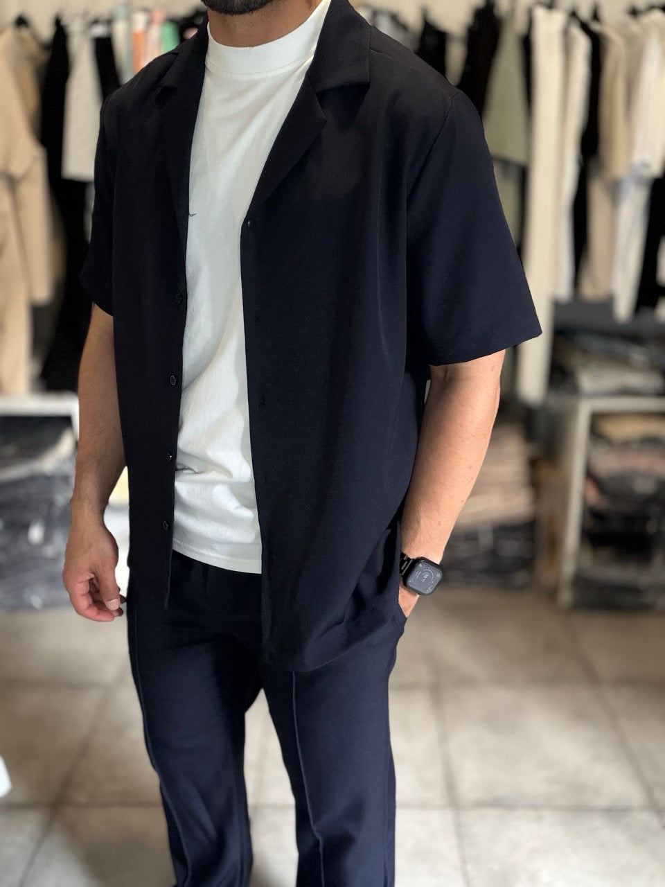 Ensemble chemise demi-manche Pantalon coupe droite bleu marine YOTA | Lyon