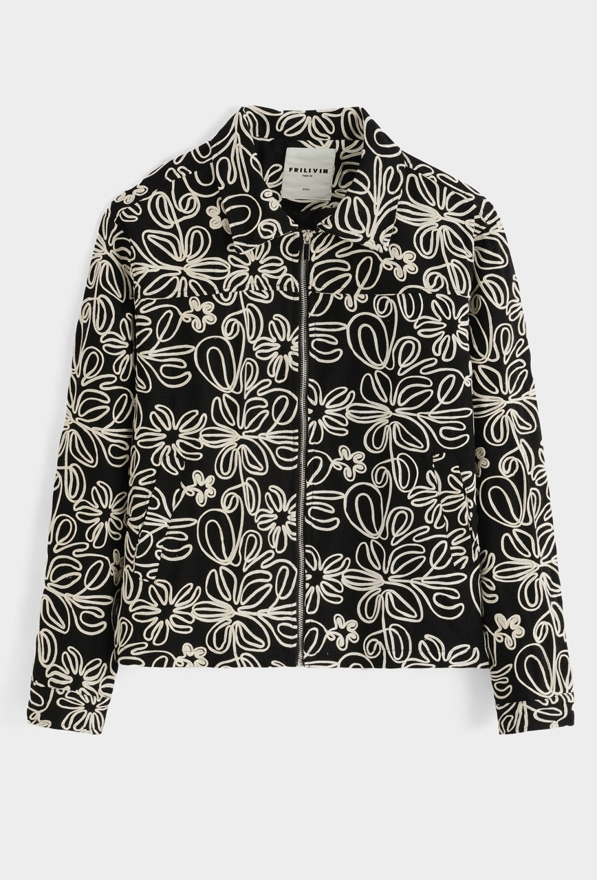 Veste noire zippée à broderies fleurs blanches | Lyon