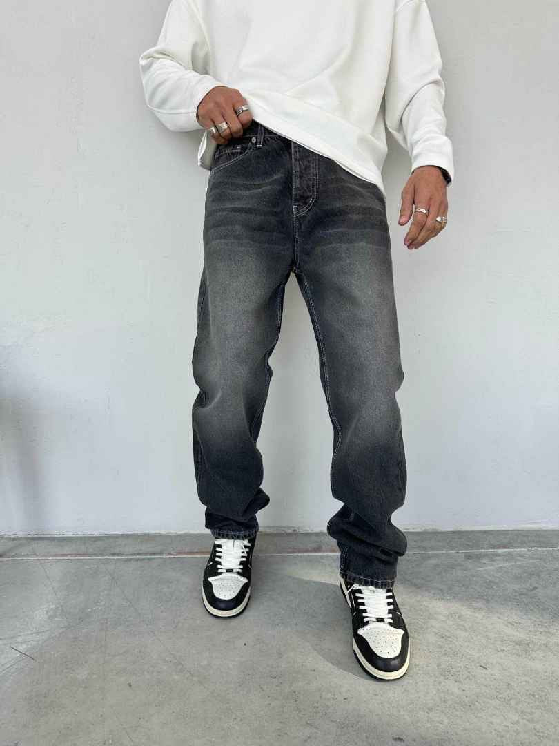 Pantalon jean large coupe droite basique gris | Lyon