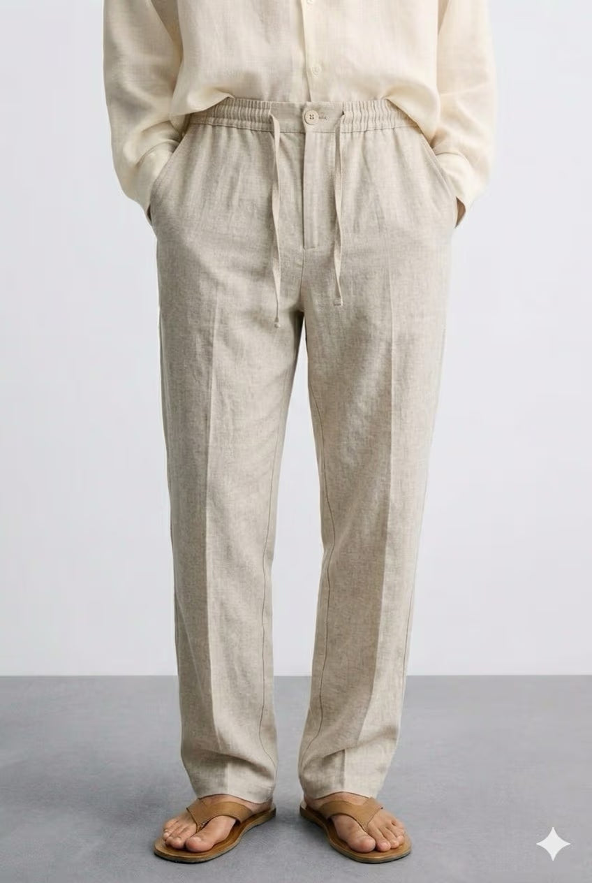Pantalon aspect lin de couleur beige